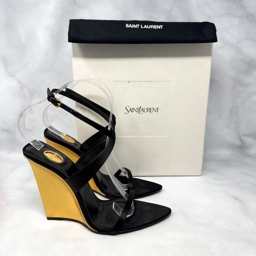 Saint Laurent Salome 110 Silk Satin Metallic Leather Wedge Sandal Heels Black - Picture 3 of 16